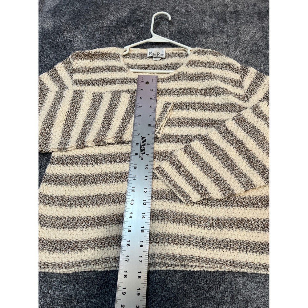 Reba Rose Women Medium Brown Cream Striped Cotton Knit Sweater Made in USA - Picture 5 of 11